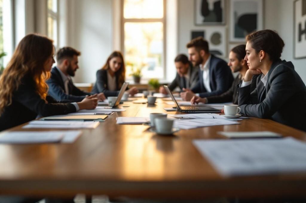 collaboratrices en costume dans une salle de réunion