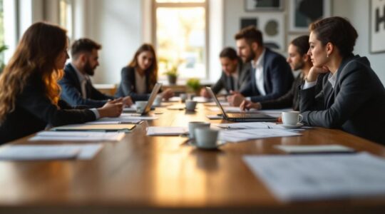 collaboratrices en costume dans une salle de réunion