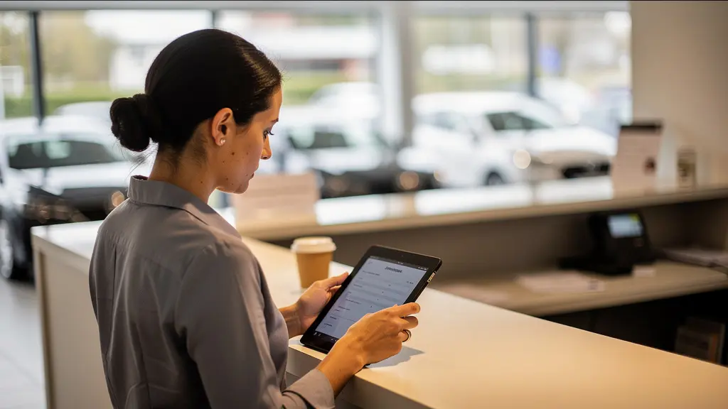 Employée d'agence de location vérifiant une réservation sur tablette avec un client