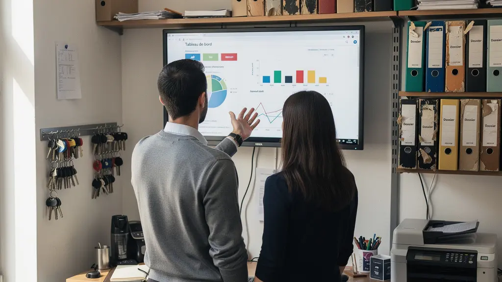 Deux collaborateurs analysant un tableau de bord de gestion de flotte dans un bureau