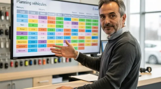 Gérant d'agence de location consultant un planning de réservation sur grand écran