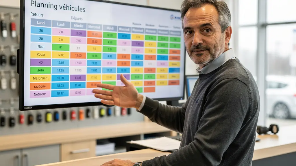 Gérant d'agence de location consultant un planning de réservation sur grand écran