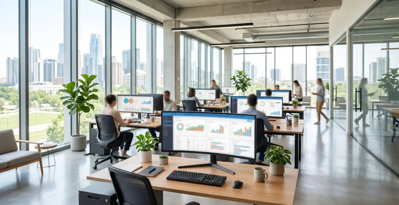 Vue large d'un espace de travail contemporain avec écrans d'ordinateur affichant des tableaux de bord floutés, lumière naturelle abondante