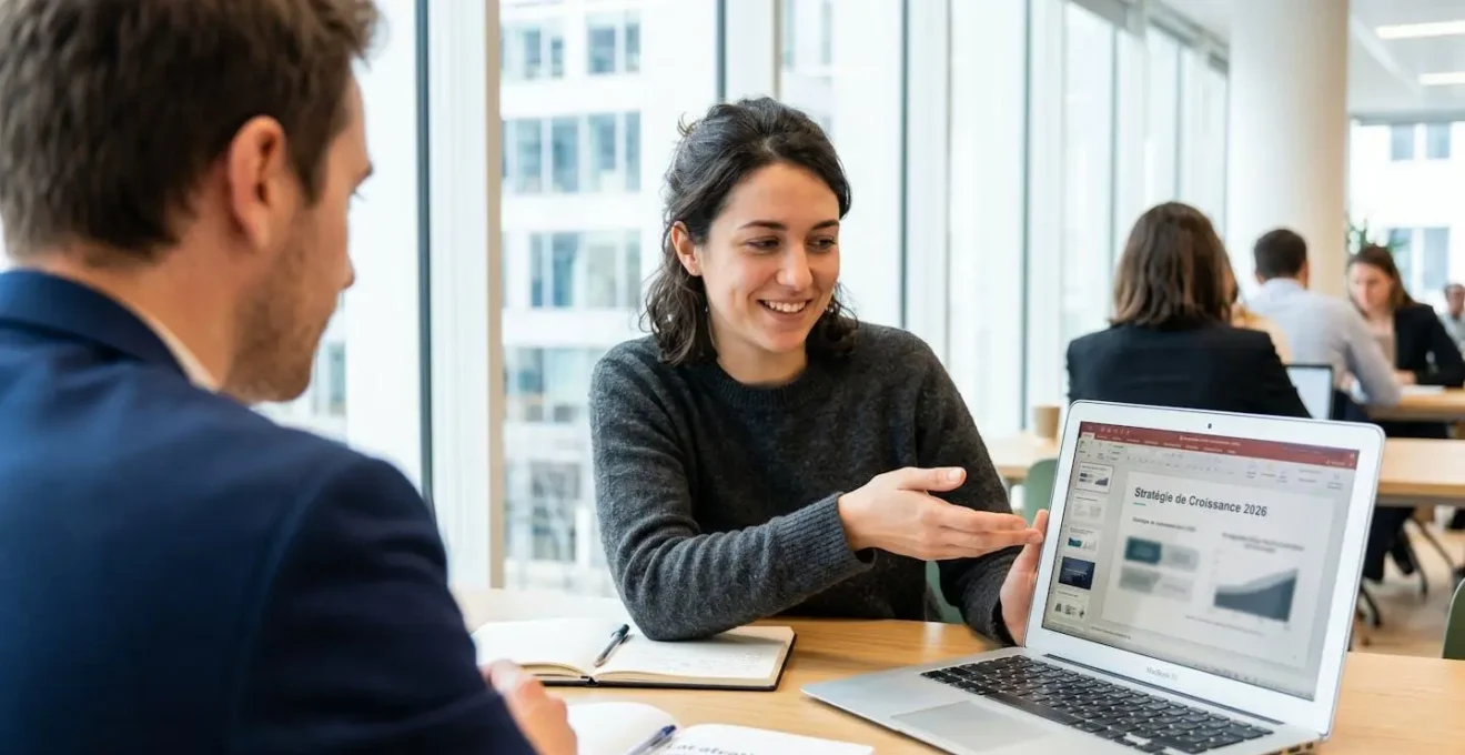 Deux professionnels discutant autour d'un ordinateur portable dans un bureau lumineux, échange naturel sans regarder la caméra