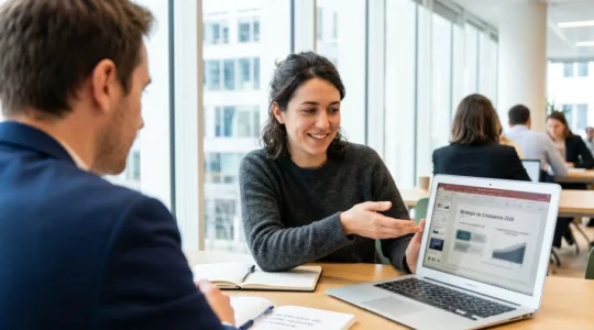 Deux professionnels discutant autour d'un ordinateur portable dans un bureau lumineux, échange naturel sans regarder la caméra