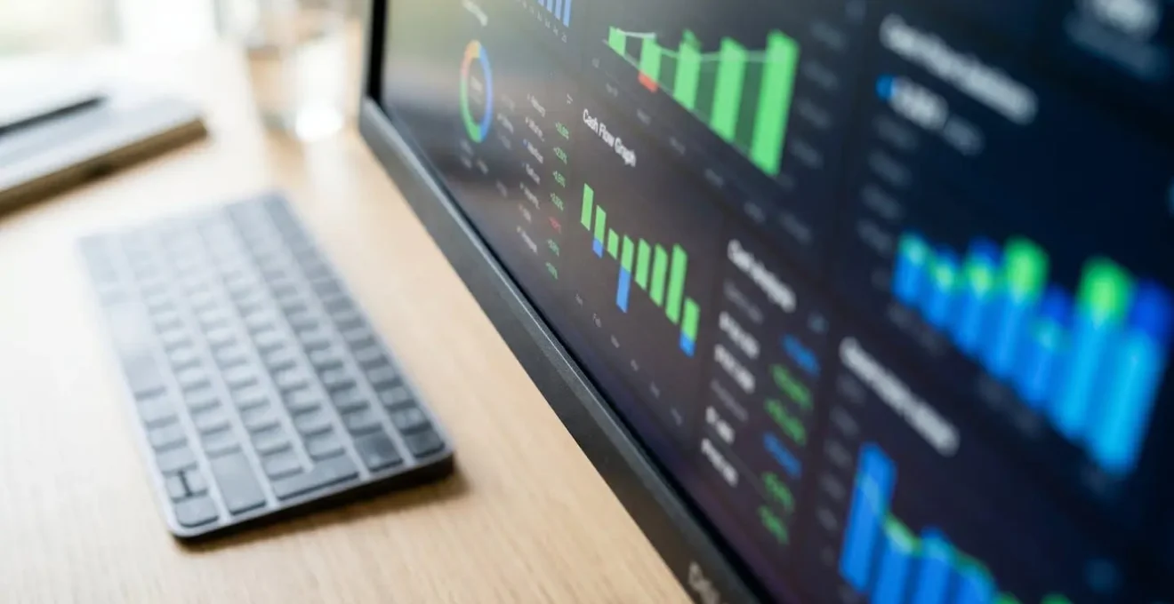 Gros plan sur un écran d'ordinateur affichant un tableau de bord financier avec des courbes de trésorerie et des graphiques en teintes vertes et bleues, détails volontairement floutés