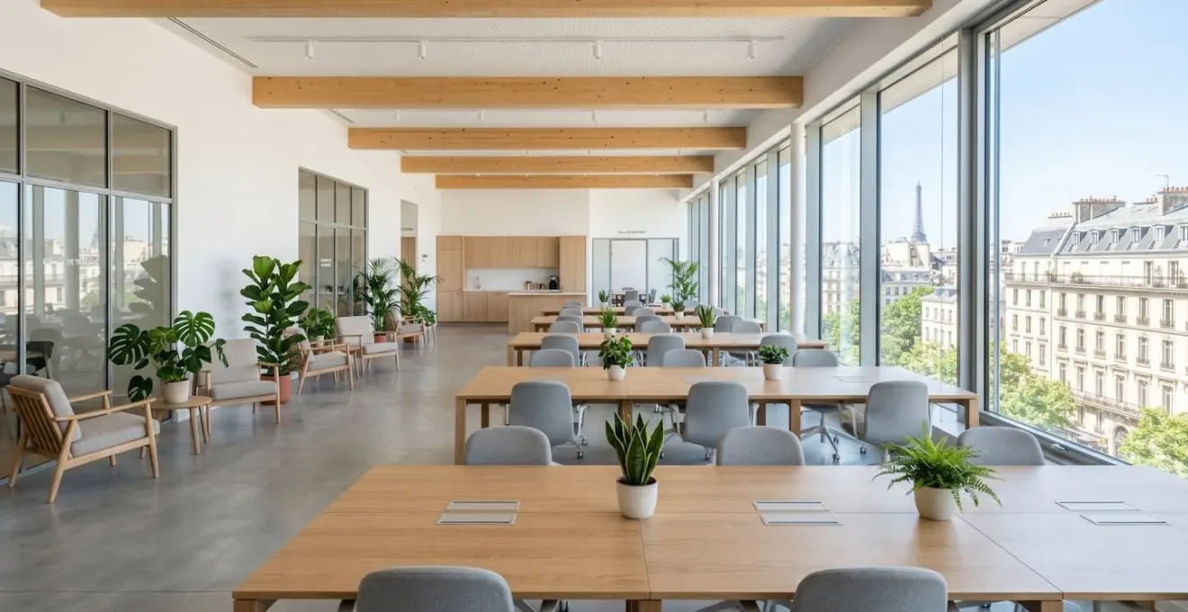 Vue grand angle d'un espace de coworking contemporain aux murs blancs, baigné de lumière naturelle par de larges baies vitrées, avec des bureaux épurés et des plantes vertes