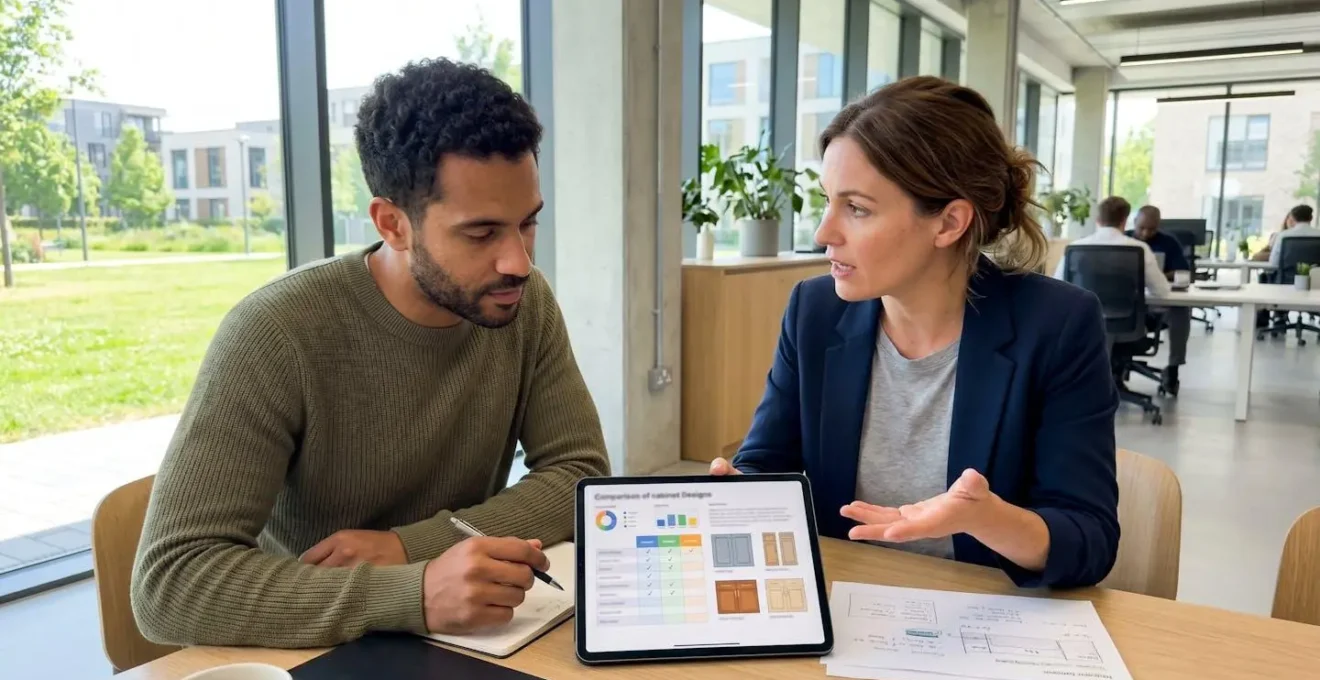 Deux professionnels comparant des offres de cabinets comptables à partir de documents de présentation affichés sur une tablette