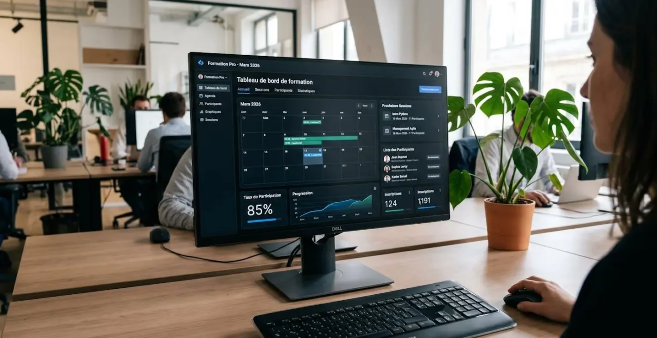 Écran affichant un tableau de bord logiciel de gestion de formation avec calendrier de sessions et graphiques statistiques en français