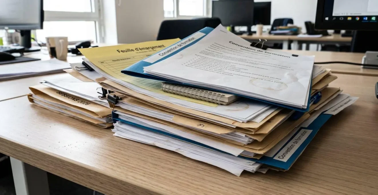 Pile de dossiers et formulaires administratifs de formation empilés sur un bureau contemporain avec en-têtes partiellement visibles