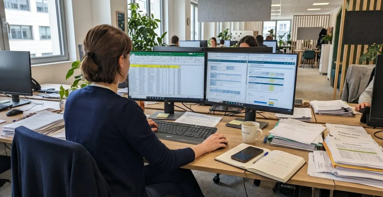 Responsable formation de dos face à deux écrans affichant des tableurs et onglets multiples de gestion de dossiers