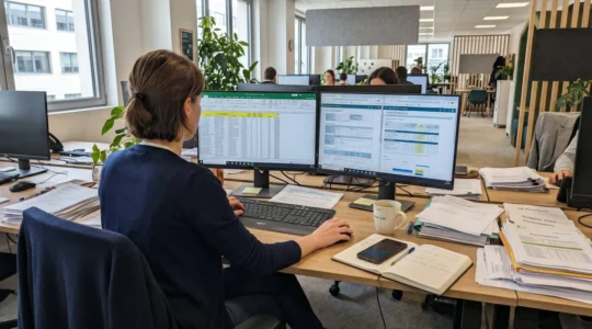 Responsable formation de dos face à deux écrans affichant des tableurs et onglets multiples de gestion de dossiers