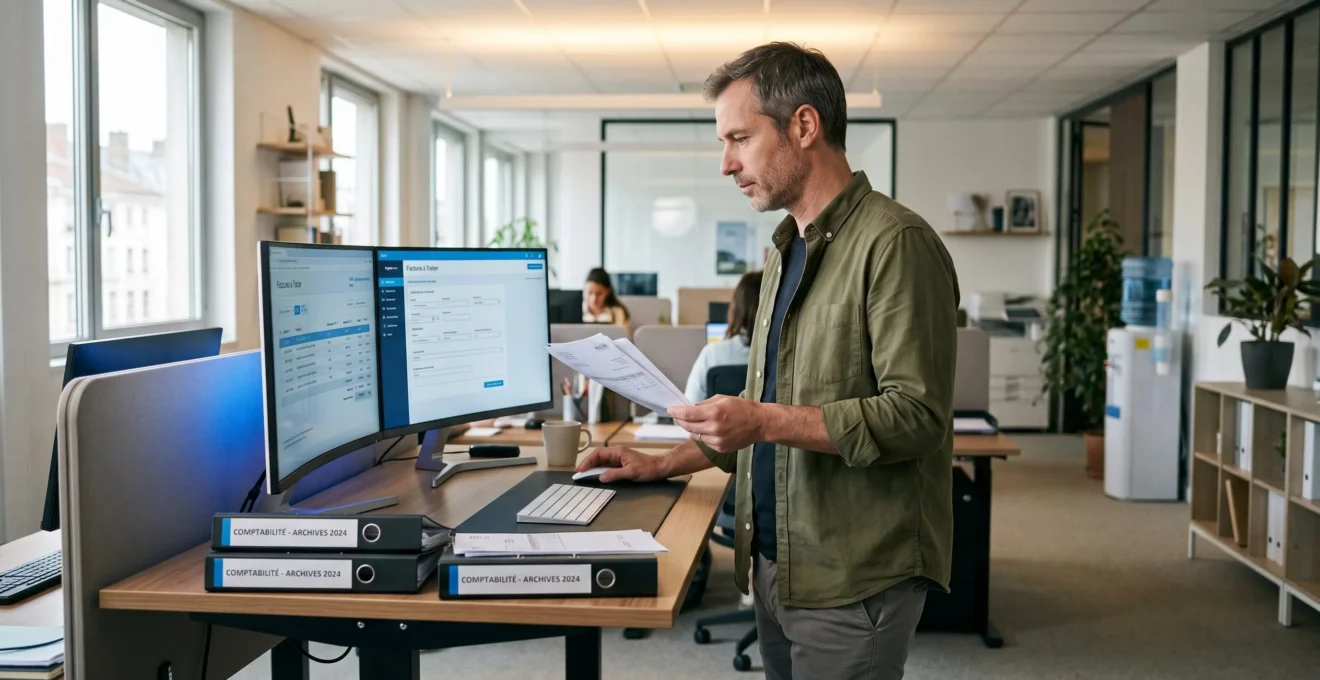 Comptable professionnel debout à son bureau examinant des factures électroniques dans un bureau comptable français moderne