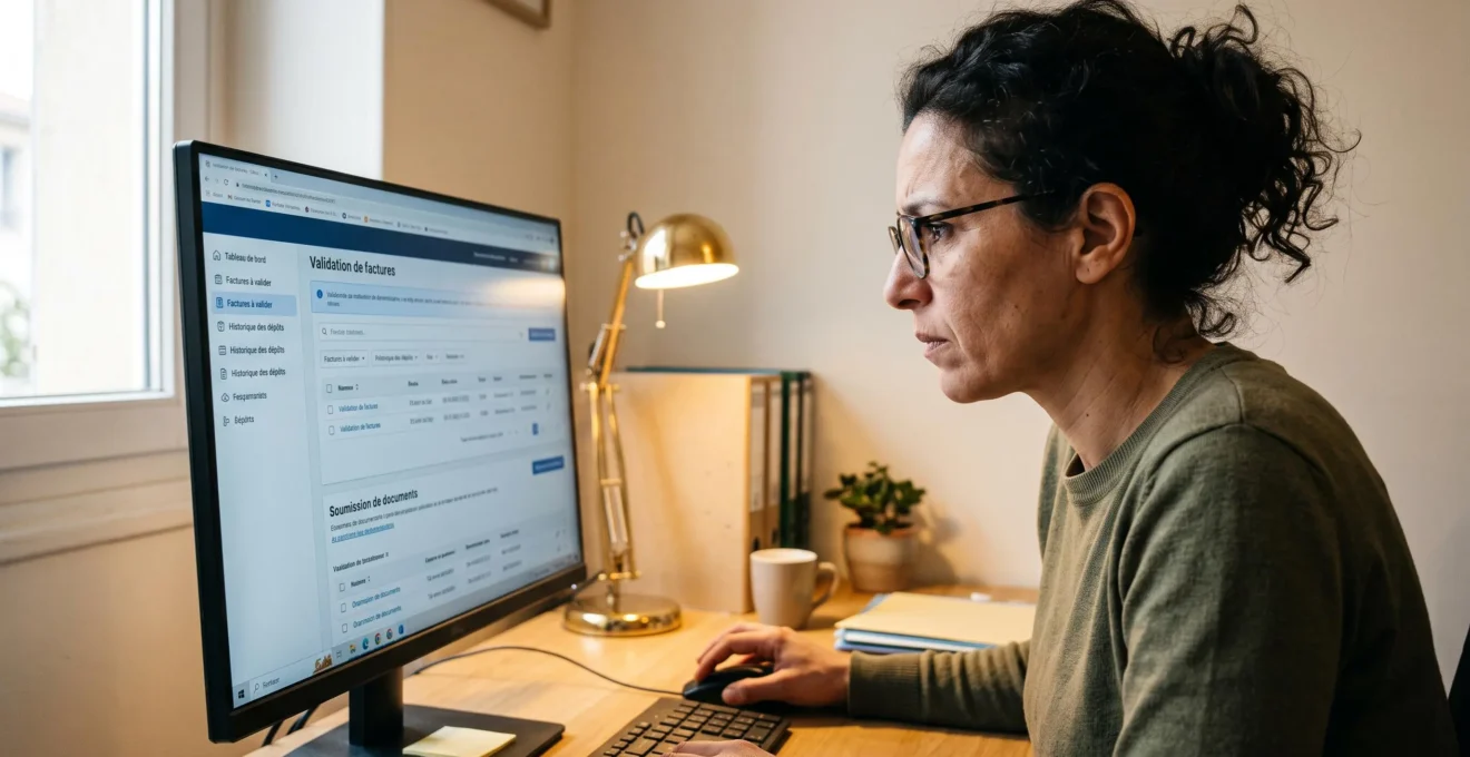 Chef d'entreprise utilisant une plateforme professionnelle de dématérialisation de factures dans son bureau
