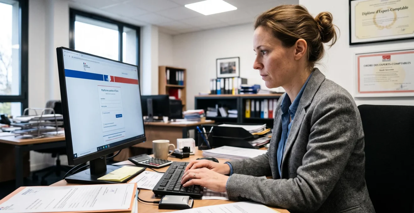 Expert-comptable certifié accédant au portail public de facturation depuis le poste de travail d'un cabinet comptable